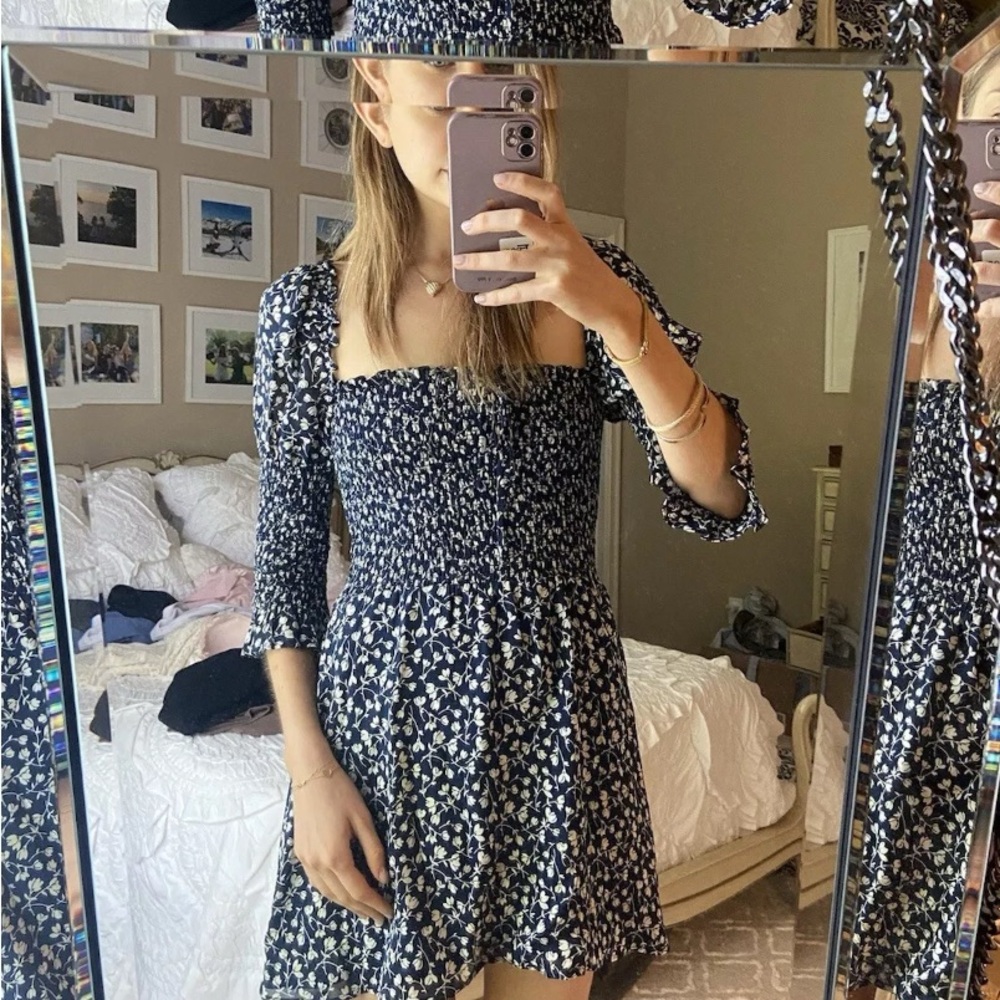 Reformation Navy Blue Floral Blue Dress